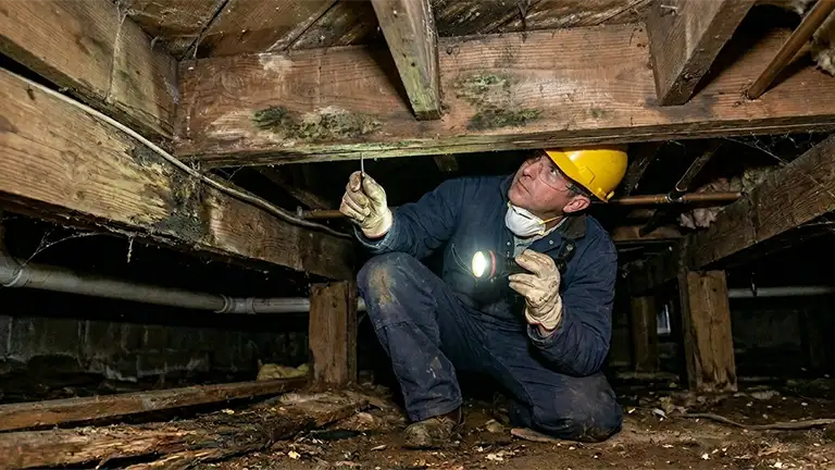 Worker inspecting damage